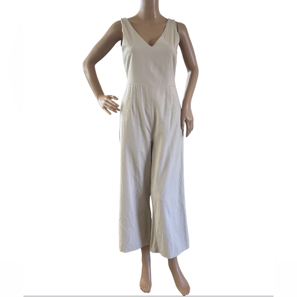 Leith Linens Blend Jumpsuit Sleeveless Cropped Wide Leg